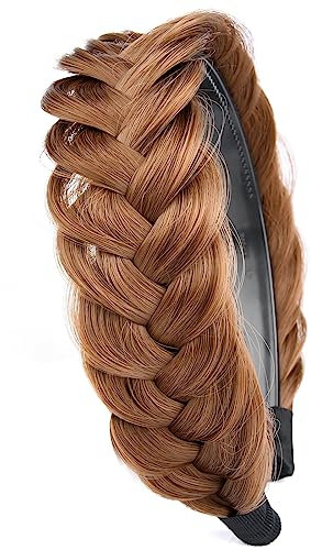 Gledola Wide Messy Braided Headband with Teeth Synthetic Hair Braided Headband High Elasticity Braids Braided Hair Band Hairpiece for Girls Women (Mittelbraun)