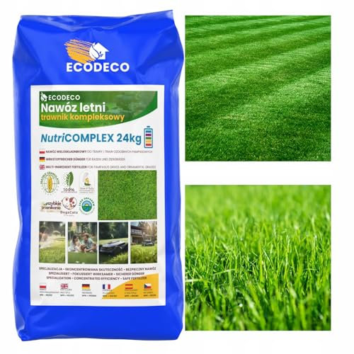 ECODECO Rasendünger mit Moosvernichter | Biodünger MULTI-INHALTSSTOFF NPK NutriComplex Eisen Mikroelemente Anti-Moos | Umfassende Rasenpflege | 24kg