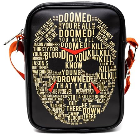 Horror Movies Veganes Leder Crossbody Rucksack für Damen und Herren mit verstellbarem Riemen, Friday the 13th Jason Hockey Mask Quotes Typografie Schwarz