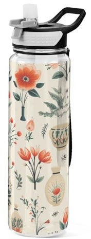 Mnsruu Bouteille d'eau florale avec paille 1 litre Tritan sans BPA transparente, Gourde Plastique pour adultes, école, gym, voyage
