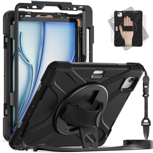 FONREST Robuste Schutzhülle für iPad Air 27,9 cm (11 Zoll) M2 (2024) A2902/A2903/A2904 mit 360° drehbarem Ständer, Stifthalter, tragbar, strapazierfähig, stoßfest, mit Handgriff, Schultergurt, Schwarz