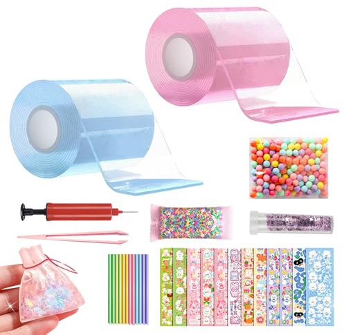 VBBTYRU Nano Bubble Set - DIY Tape Bubble Kit for Kids, 2 Rolls Colorful Tape, Cartoon Stickers, Straws, Sequins Filler