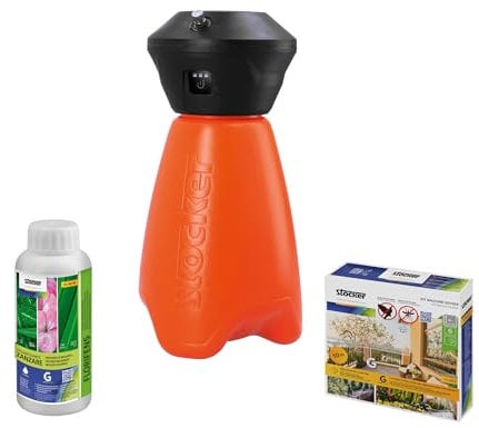 STOCKER - KIT Nebulizzatore Giardino Elettrico Geyser Compact - Geyser Mini 2 L con Batteria Li-Ion + Disabituanate Florifens + Kit Balcone Anti-Zanzare Estendibile Fino a 10 m