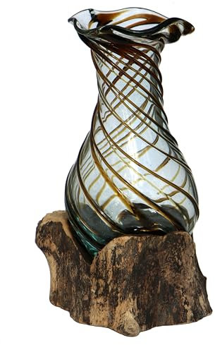 Wogeka - Glas Vase Venezia auf Wurzel-Holz - im modernen Style als Geschenk-Idee zu Weihnachten Geburtstag zur Dekoration (Braun M)