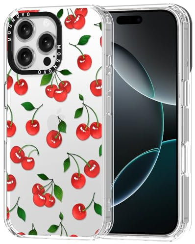 MOSNOVO Case for iPhone 16 Pro Max, [Buffertech 6.6ft Military-Grade Drop Protection] [Anti Peel Off Tech] Clear TPU Bumper Phone Case Cover Design - Cute Cherry