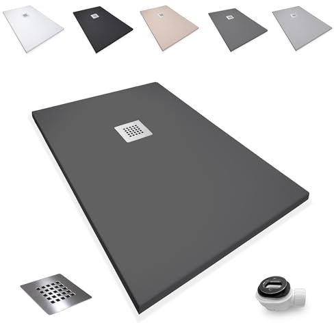 Plato de Ducha Antideslizante 80x160cm - Plato Ducha Resina Resistente a Agentes Químicos - Plato Ducha Antibacteriano - Incluye Rejilla Desagüe Ducha y Válvula Sifón Plato Ducha - Ral 7021 Grafito