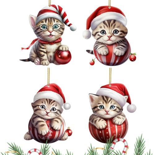 4 Stück Weihnachtsbaum Katzen Anhänger 2D Acryl Weihnachtskatze Hängende Deko Weihnachtsbaum Anhänger Lustiger Weihnachten Katzen Ornament Für Weihnachtsanhänger Deko,Auto Anhänger