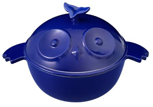 Flavehc Olla holandesa en forma de búho con tapa, 3 cuartos de galón de hierro fundido esmaltado azul para hornear pan y masa madre