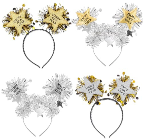 WYRGQIQN Haarreif Sterne Silvester Kopfschmuck - 'Happy New Year' Kopfschmuck, 4er Set Silvester Haarreifen - Funkelnde Accessoires für Ihre Silvesterparty