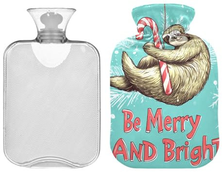 Weihnachts-Faultier zum Aufhängen an Zuckerstange Wärmflasche mit Samtbezug, 1L Wärmbeutel für heiße und kalte Kompresse, Bettwärmer, ideal für Krämpfe, Schmerzlinderung