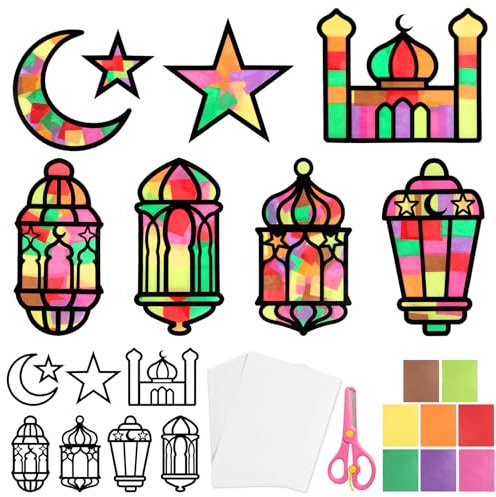 BOOMTOP 16 Fensterbilder Ramadan Basteln Eid Mubarak Fensterbilder Bastelset Kinder Ramadan Deko Sticker Fensterdeko Eid Al-Fitr Deko Sterne Mond Abziehbilder Aufkleber Islam Muslim Halbmond Party