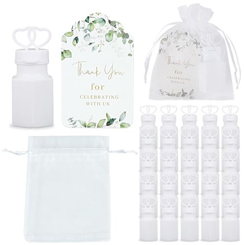 WAYASDCU 100 Sets Wedding Party Favors White Mini Bubble Bottles Greeting Card Goodie Bag Wedding Bubbles for Guests, Anniversary, Engagement, Celebration