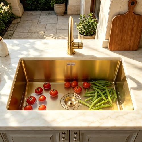 HZKSINNK 60x40cm Fregadero Cocina, Oro Cepillado Fregaderos De Un Seno, Acero Inoxidable Barra Fregaderos De Cocina, Fregadero Bajo Encimera O Sobre Encimera Con Filtro De Drenaje