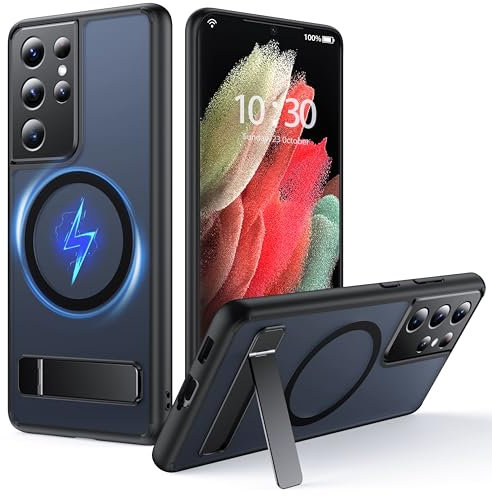 FNDMIL für Samsung Galaxy S21 Ultra Hülle mit MagSafe [Klapp Ständer] [Laden Beim Stehen] [Militärisch Stoßfest] Durchscheinender Matt Silikon Bumper Handyhülle für S21 Ultra Case Slim,Schwarz