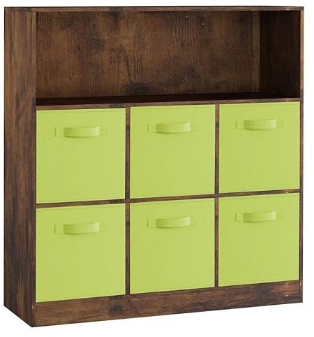 URBNLIVING Wooden Wide 7 Cubed Cupboard Bookcase Storage Units Shelves 6 Drawers Baskets (Green Drawer, Rustic Brown)