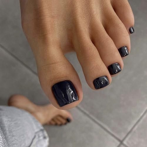 SXVME Black Press on Toes Nails Short Square, Solid Color Fake Toe Nails Glue on, Toe Press on Nails for Women, Glossy Gel ToeNails Acrylic for Decoration 24 Pcs