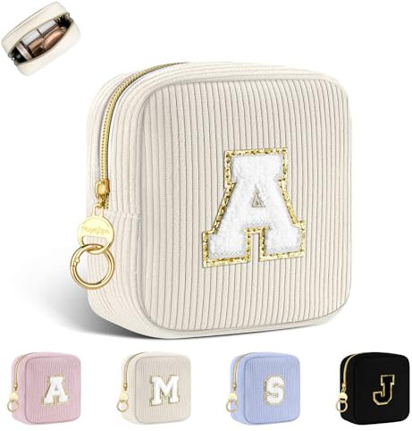Petit Trousse Personnalisable Pochette Maquillage Femme Mini Trousse de Toilette Fille avec Initiale Sac de Cosmétiques en Velours Côtelé Personnalisée Cadeau Anniversaire Noël Filles Maman(Beige-A)
