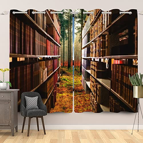 Tenda da finestra vintage per libreria, stile retrò, opere classiche, per bambini, educazione all'aperto, foresta, studi, aule, tende oscuranti 140 x 228 cm, 2 pannelli