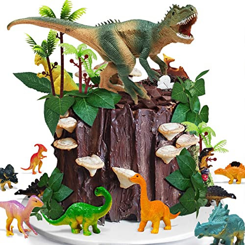 HZYKDWD 26 PCS Dinosaur Cake Toppers With Dinosaur Eggs Leaves Trees Cake Decorations For Birthday Party, Wild Animals Party,Kids Cake Decorations (B)