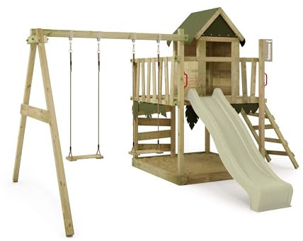 FATMOOSE Spielturm Klettergerüst JazzyJungle Jam XXL mit Schaukel & Rutsche, Outdoor Kinder Kletterturm mit Sandkasten Leiter & Spiel-Zubehör für den Garten (Salbeigrün)