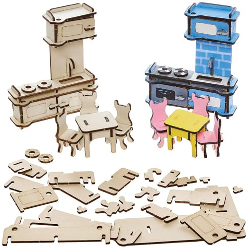 Baker Ross FN573 DIY Doll House Kitchen Furniture Woodcraft Kits - Pack of 1, Make Your Own Dolls House Furniture for Kids