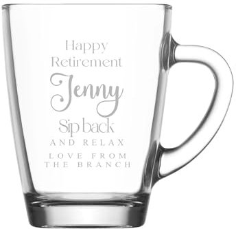 ukgiftstoreonline Personalised Glass Coffee Cup and Tea Cup, Retirement Gift with Custom Engraving