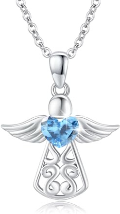 OHAYOO Schutzengel Kette für Damen 925 Sterling Silber Geburtsstein Engel Anhänger Kette Schutzengel Geburtsstein Halskette Engel Schmuck Geschenke für Damen Mädchen Mutter (März)