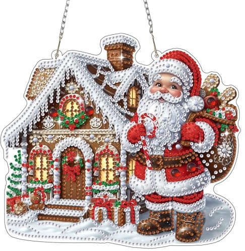 Bowetile Diamond Painting Anhänger Weihnachtsmann mit Häuschen, Diamond Painting Fensterbilder für Erwachsene, Kinder Hängende Ornament Motive Bastelset für Wand Fenster Garten, Decor Geschenk