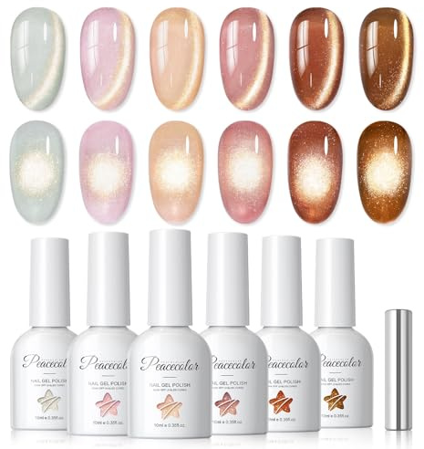 PEACECOLOR UV Nagellack Cat Eye UV Gel 10ML - 6 Farben Silber Rosa Nude Braun Gellack mit Magnet Cat Eye Nagellack Gel Nail Polish Soak Off Maniküre Nail Art Salon DIY