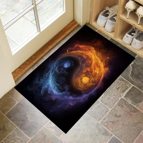 MLSOWM Yin-Yang-Symbol Waschbarer Teppich Dunkelheit Und Licht Eingangsbereich 40x60 cm rutschfest Fußmatte Tepich Kurzflor Dünn Türmatte für Hund, Haustür & Flur, Blau
