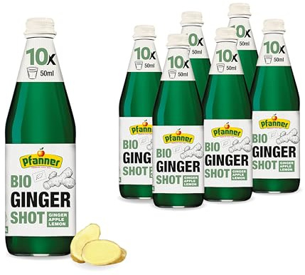 Pfanner Bio Ingwer Shot 100% Direktsaft im Vorratspack (6 x 0,5L) – Ingwer, Apfel & Zitrone – 500 ml Glasflasche (10 Shots à 50 ml)