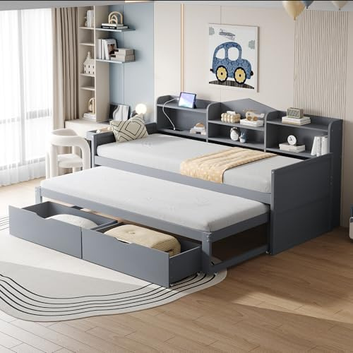 Gxffipw Tagesbett Schlafsofa 90x200 cm mit Ausziehbett 90x190 cm und USB, Kinderbett Schlafcouch Bett mit Stauraum und Schubladen, Holzbett Bettgestell mit Staufach, Grau, Ohne Matratze
