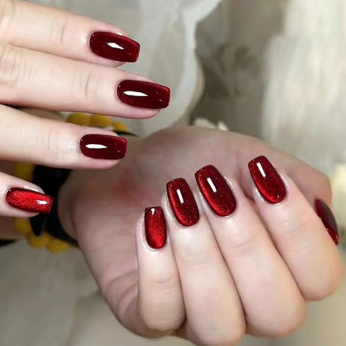 30PCS Red False Nails - Glitter Fake Nails - Burgundy Red Cat Eye Press On Nails Medium Length - Square Coffin Glossy Stick On Nail With Glue For Xmas Party & Daily Use
