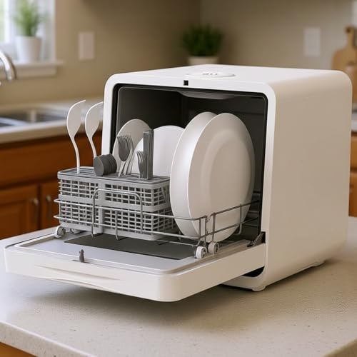 MoraRise Table Top Dishwasher, Mini Countertop Dishwasher with 7 Program | Built-in 5L Water Tank, Dual Water Supply, 24H Delay, No Plumbing, Baby Care, Drying Cycle, Fruit Wash (White)