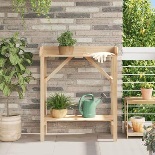 Natural Plant Table Made of Solid Pine Wood 75 x 40 x 90 cm with Board Shelf, Modern Plant Stand for Garden, Balcony, Patio, Living Room, Indoor and Outdoor, Stylish Plant Decoration