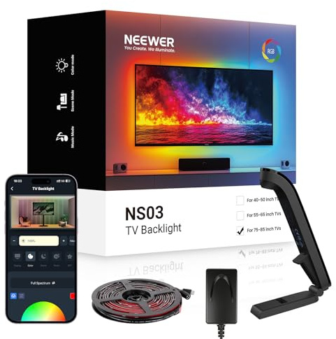 NEEWER Basics TV Backlight for 75-85 Screens, 16ft/5m LED RGB Light Strips with Sensor Change with TV, Scheduled On/Off, Zero Delay Color Sync, Music Sync, 24 Scenes, Supports App Control, NS03