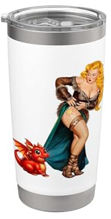 Fantasy Barbarian Pinup Woman Red Baby Dragon Tugging Skirt Vaso térmico de acero inoxidable de doble pared