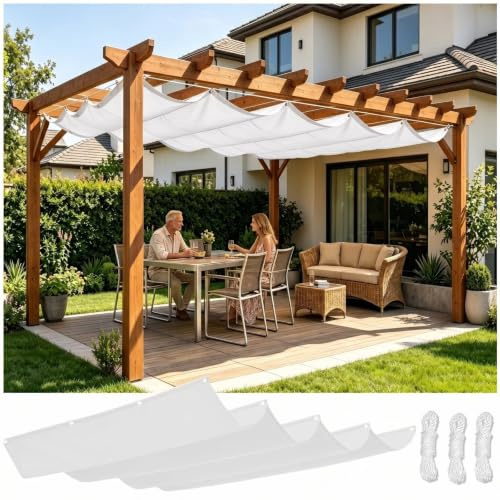Voile d'ombrage rétractable 200x400 cm,Toit de terrasse à Vagues,Blanc | Toile Oxford robuste 230g/m²,isolation thermique,œillets en acier inoxydable,pour pergola en bois,abri 4 saisons