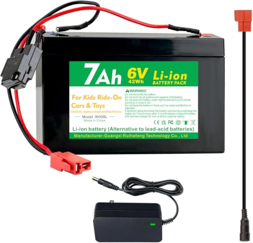 CHUNCAIL Kit de batería de litio de 6 V 7 Ah para niños – Compatible con vehículos de montacargas, ATV y camiones de bomberos, incluye cargador (negro/verde)