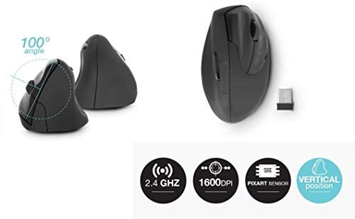 Urban Factory Souris Ergonomique Sans Fil - Design Vertical Droitier Prévention Epicondylite, 800 à 1600 DPI Réglable, Nano Récepteur USB 2.4GHz, 4 Boutons, Capteur Optique Ultra Performant Pixart