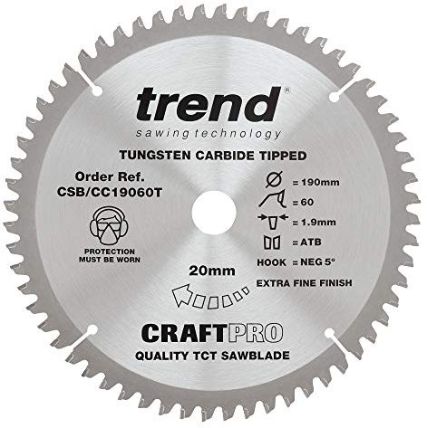 Trend Holz Akku-Kappsägeblatt, 190mm Durchmesser, 20mm Bohrung, 60 Zähne, HW, 1,9mm Schnittbreite, -5° Haken, CSB/CC19060T