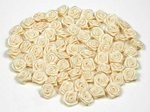 Rosen 15 mm x 100 Stück Satinrosen Aufnäher Deko Blumen Röschen zum Basteln Haarschmuck kleine Rosenköpfe Farbe: champagner 815