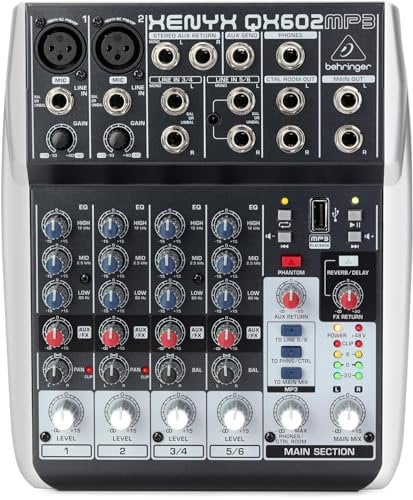 Behringer XENYX QX602MP3 Mezclador premium de 6 entradas y 2 buses con preamplificadores de micrófono XENYX, ecualizadores británicos, reproductor de MP3 y multiefectos