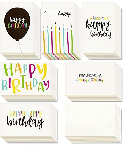 Best Paper Greetings Grußkarten Happy Birthday (Set, 48 Stück) - Klappkarten mit Happy-Birthday-Aufschrift im Handgeschriebenen Stil - 6 Motive - Innen Blanko - Briefumschläge Inkl. - 10 x 15 cm