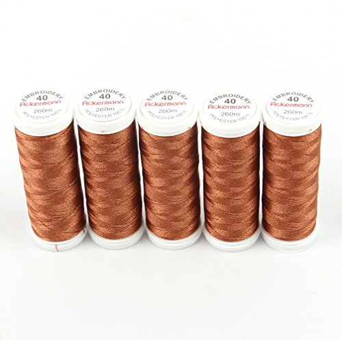 Ackermann® Embroidery (5X 260m) Maschinen STICKGARN, hochglänzendes und reißfestes Garn für die Näh- und Stickmaschine (2887 Lederbraun)