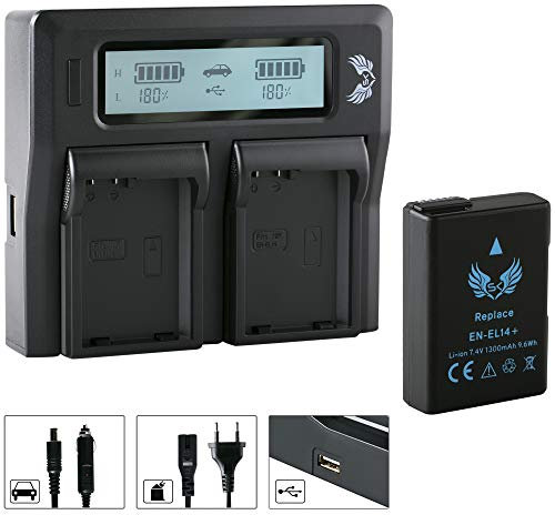 SK Akku Ersatz für Nikon EN-EL14 | 1300mAh | EN-EL14A + LCD Dual Ladegerät für Nikon D3300 D3400 D3500 D5100 D5500 D5600 DF /// CoolPix P7700 P7800