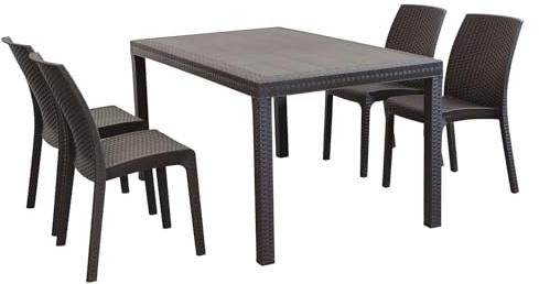 MilaniHome Set Tavolo da Giardino Rettangolare Fisso Cm 150 X 90 con 4 Sedie in Wicker Stampato Marrone da Esterno Giardino