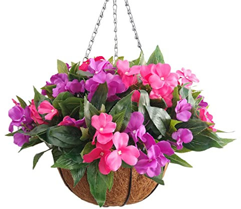 Mynse Blumenampel Set Künstliche Impatiens Blumen Lila Rosa für Balkon Dekoration (Großer Korb und Kunstblumen)