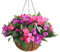 Mynse Blumenampel Set Künstliche Impatiens Blumen Lila Rosa für Balkon Dekoration (Großer Korb und Kunstblumen)