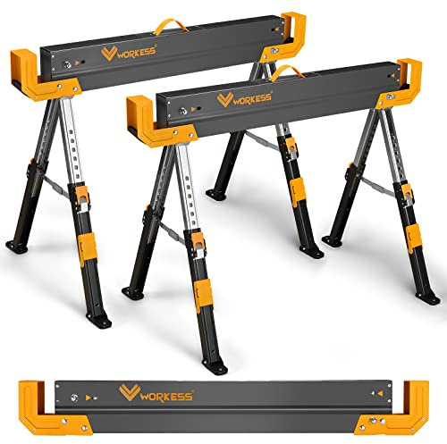 WORKESS Saw Horses 2 Pack Folding, 2600 Lbs Load Capacity & 24-32 Inch Adjustable Height Heavy Duty Sawhorse Table with 2x4 Support Arms, Portable Folding Legs and Easy Grip Handle for Woodworking